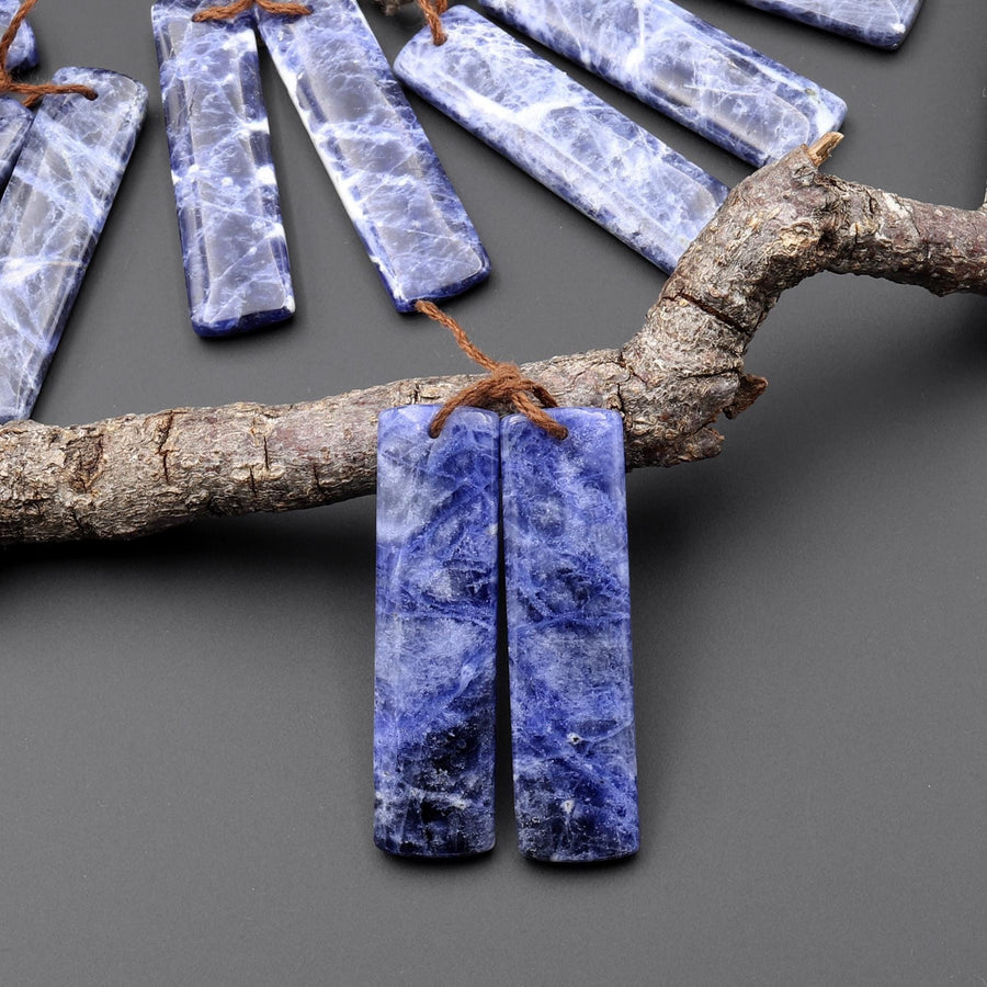 Natural Blue Sodalite Rectangle Earrings Drilled Matched Gemstone Bead Pair
