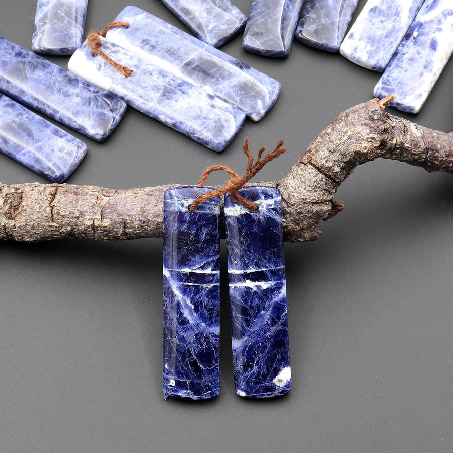 Natural Blue Sodalite Rectangle Earrings Drilled Matched Gemstone Bead Pair