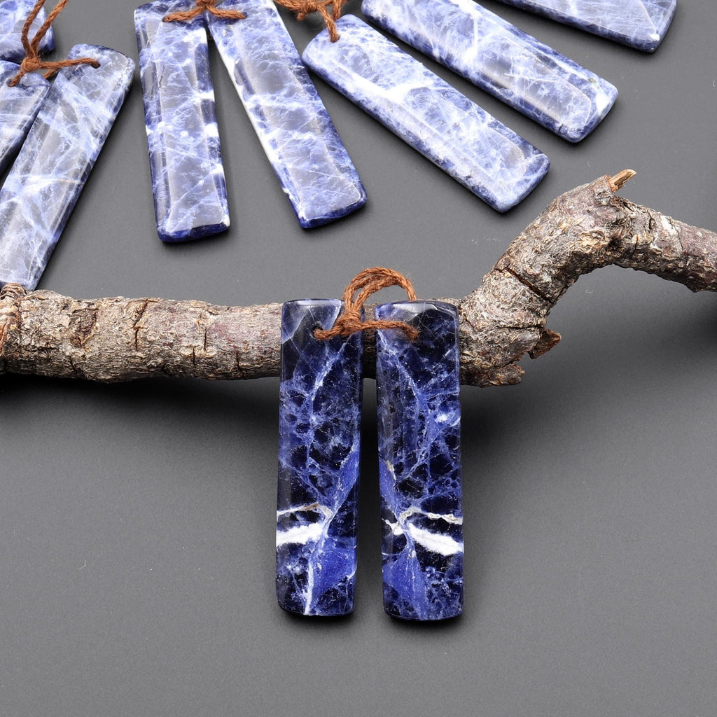 Natural Blue Sodalite Rectangle Earrings Drilled Matched Gemstone Bead Pair A4