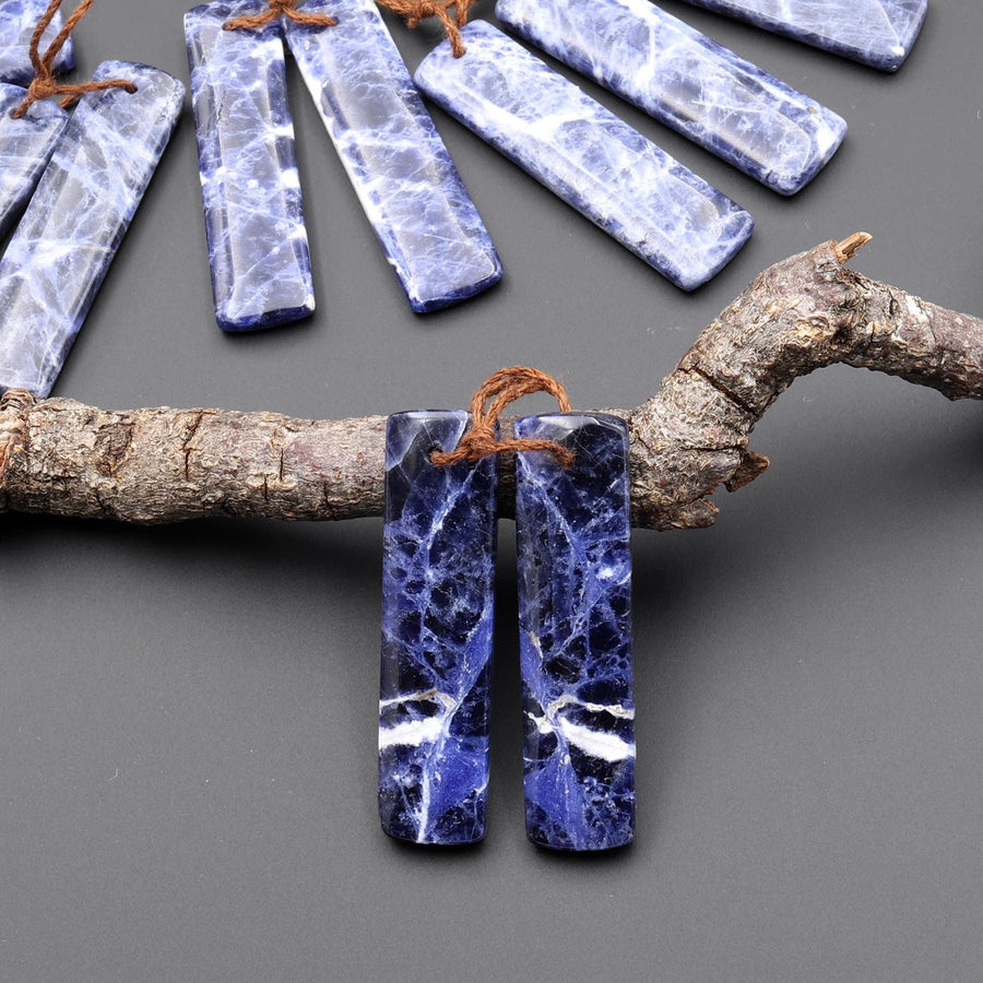 Natural Blue Sodalite Rectangle Earrings Drilled Matched Gemstone Bead Pair A4