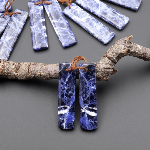 Natural Blue Sodalite Rectangle Earrings Drilled Matched Gemstone Bead Pair A4