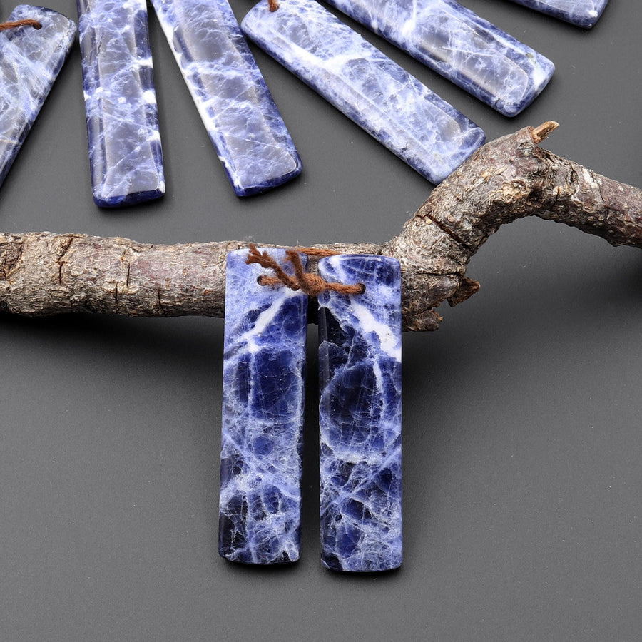 Natural Blue Sodalite Rectangle Earrings Drilled Matched Gemstone Bead Pair A5