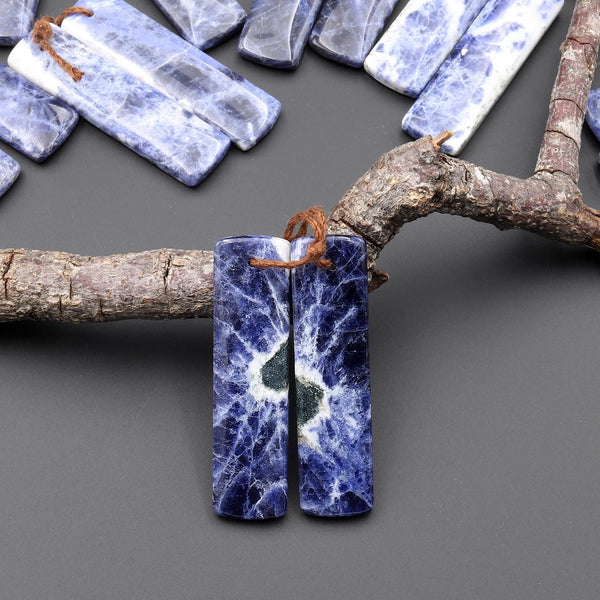 Natural Blue Sodalite Rectangle Earrings Drilled Matched Gemstone Bead Pair A7