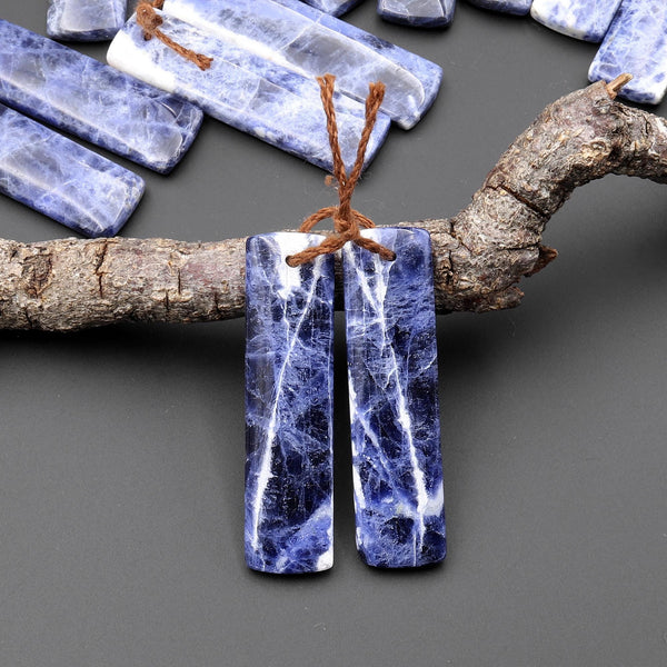 Natural Blue Sodalite Rectangle Earrings Drilled Matched Gemstone Bead Pair A11