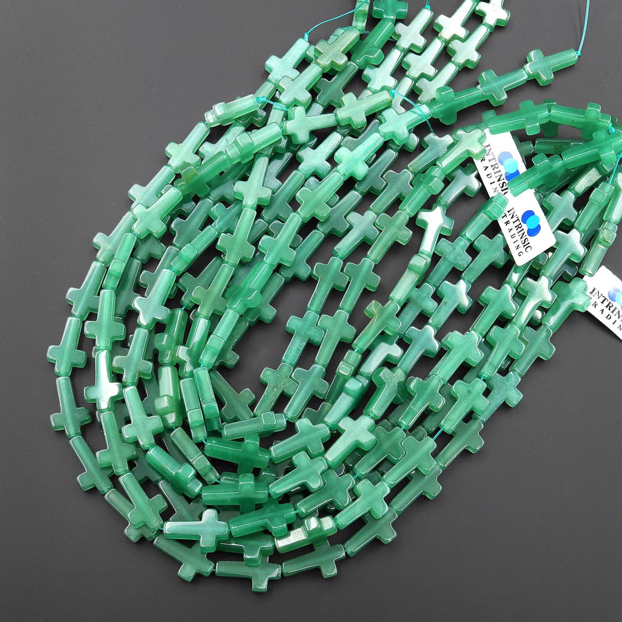 Natural Green Aventurine Cross Beads 10x14mm 12x20mm Vertically Drilled Gemstone 15.5" Strand