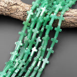 Natural Green Aventurine Cross Beads 10x14mm 12x20mm Vertically Drilled Gemstone 15.5" Strand