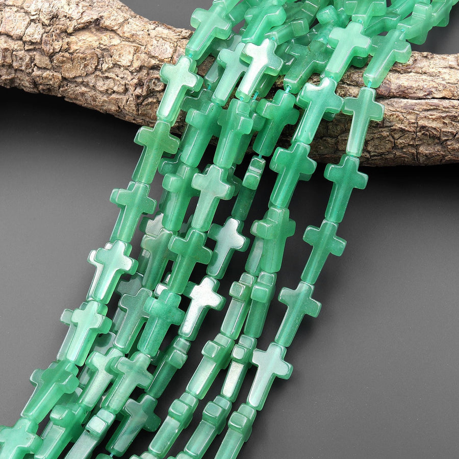 Natural Green Aventurine Cross Beads 10x14mm 12x20mm Vertically Drilled Gemstone 15.5" Strand
