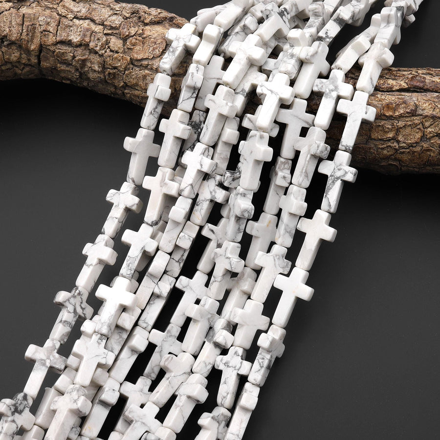 Natural White Howlite Cross Beads 10x14mm 12x20mm Vertically Drilled Gemstone 15.5" Strand