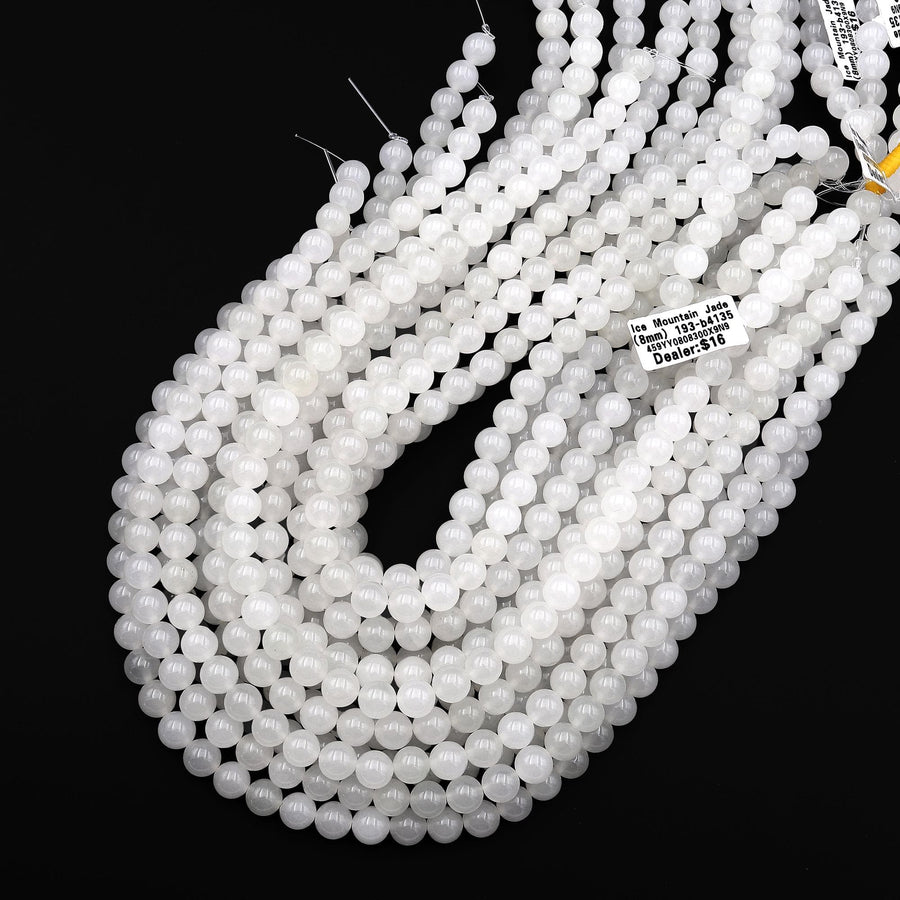 Pristine White Gemmy Natural Ice Mountain Jade 6mm 8mm 10mm Smooth Round Beads 15.5" Strand