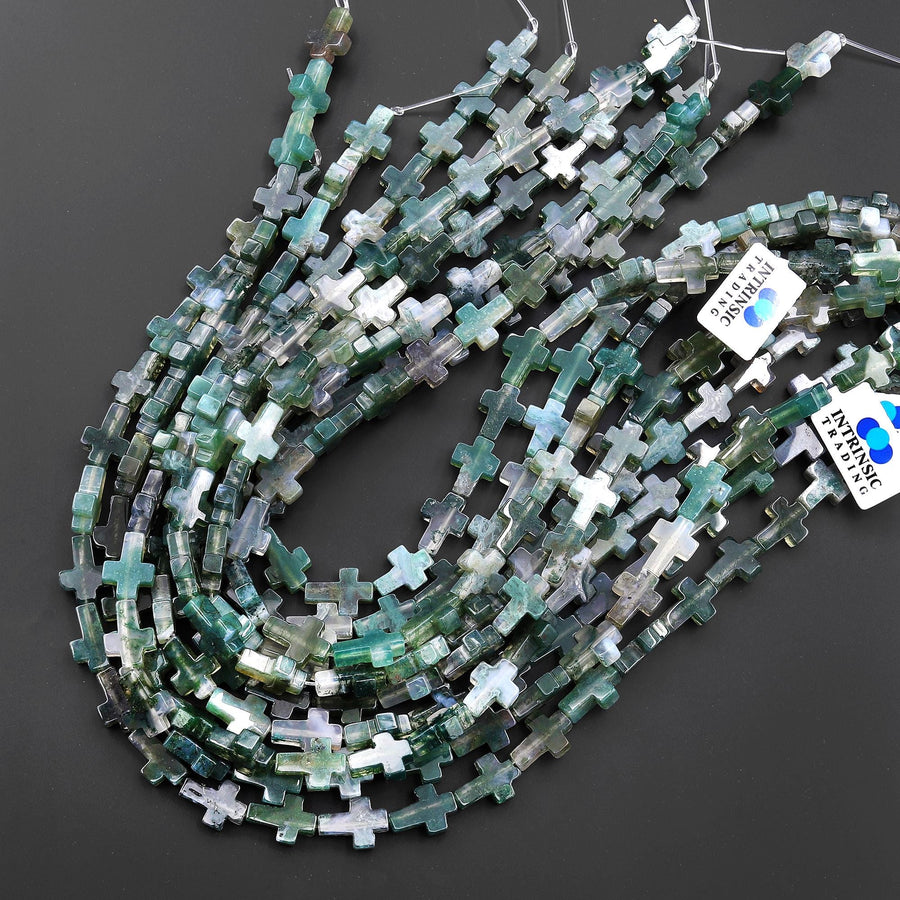 Natural Green Moss Agate Cross Beads 10x14mm 12x20mm Vertically Drilled Gemstone 15.5" Strand