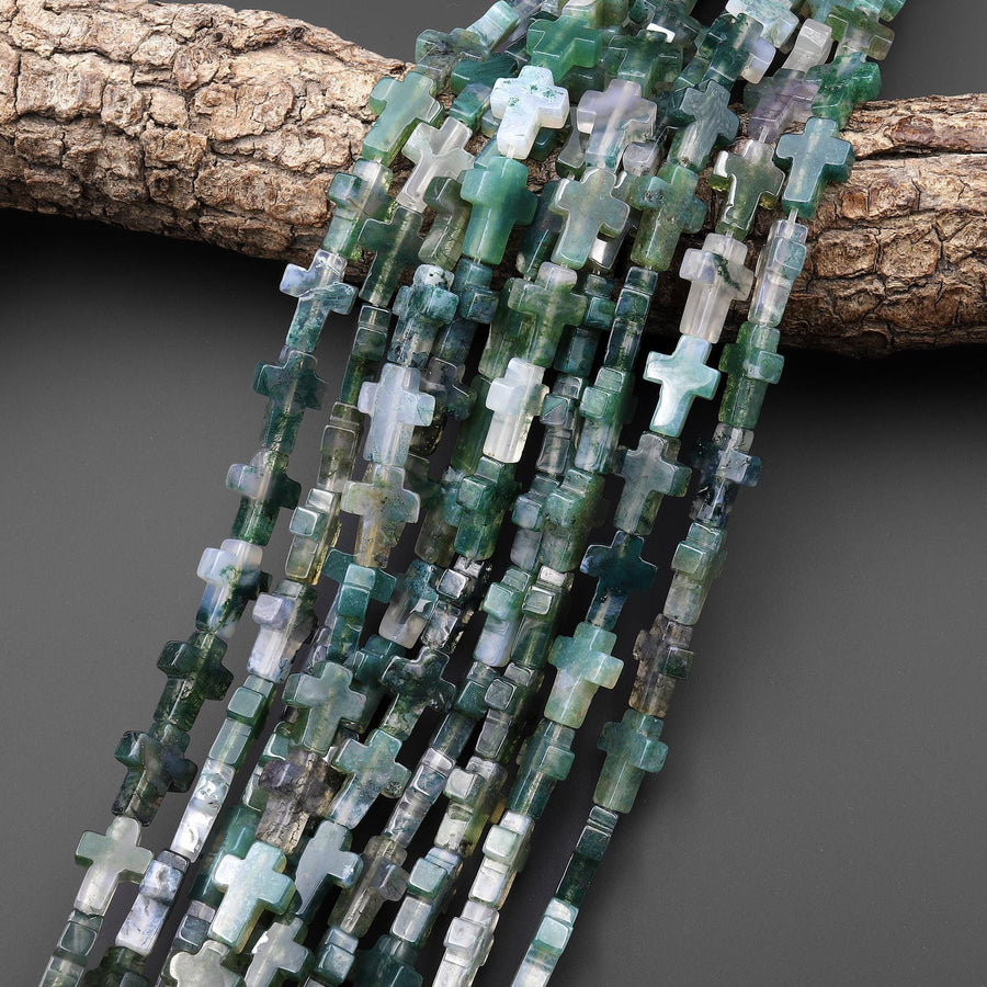 Natural Green Moss Agate Cross Beads 10x14mm 12x20mm Vertically Drilled Gemstone 15.5" Strand