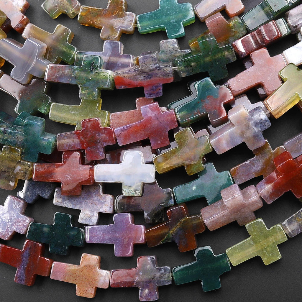 Natural Indian Agate Cross Beads 10x14mm 12x20mm Vertically Drilled Red Green Mauve Gemstone 15.5" Strand