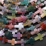 Natural Indian Agate Cross Beads 10x14mm 12x20mm Vertically Drilled Red Green Mauve Gemstone 15.5" Strand
