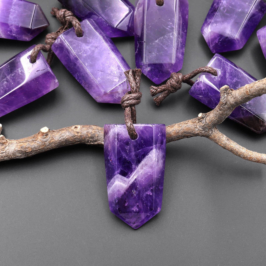 Natural Purple Amethyst Crystal Point Hexagonal Prism Pendant A3