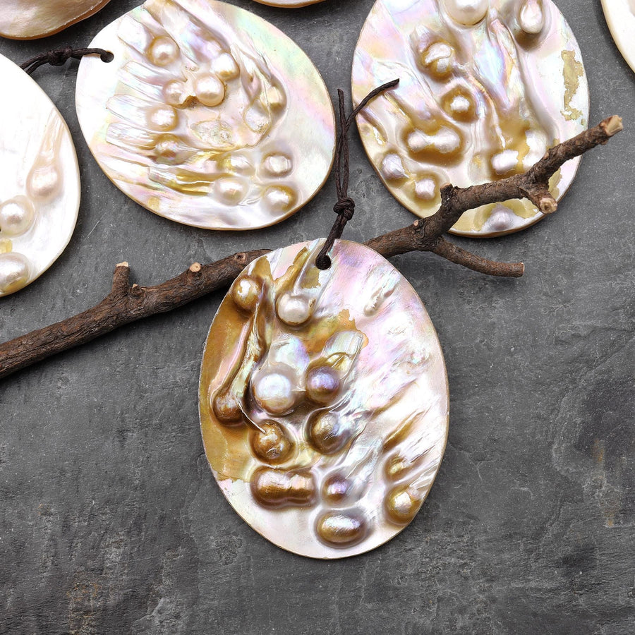 Large Natural Mother of Pearl Oval Pendant Iridescent Golden Baroque Blister Pearl Jewelry