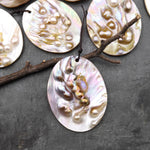 Large Natural Mother of Pearl Oval Pendant Iridescent Golden Baroque Blister Pearl Jewelry