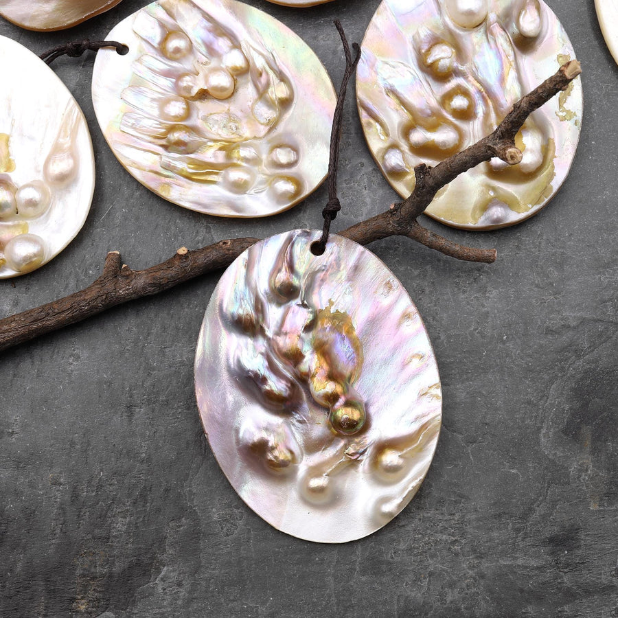 Large Natural Mother of Pearl Oval Pendant Iridescent Golden Baroque Blister Pearl Jewelry