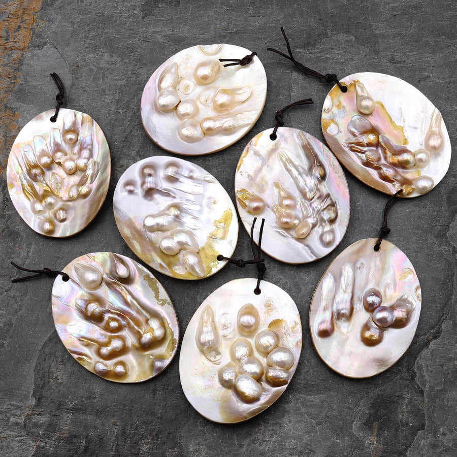 Large Natural Mother of Pearl Oval Pendant Iridescent Golden Baroque Blister Pearl Jewelry