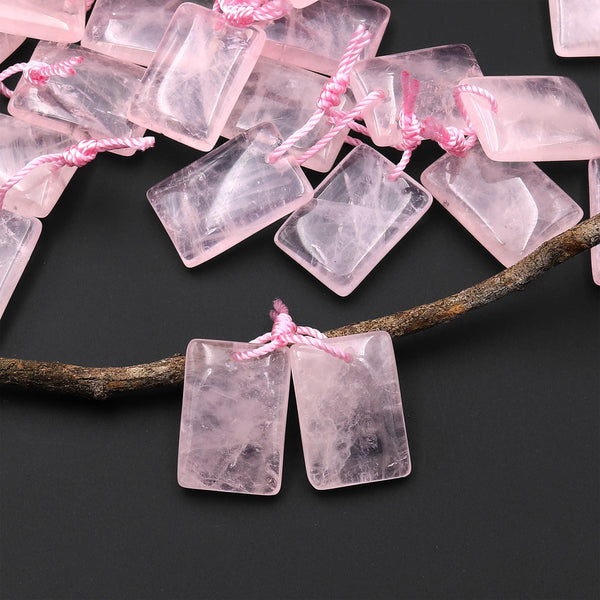 Natural Pink Rose Quartz Smooth Beveled Rectangle Earring Pair Drilled Gemstone Matched Beads