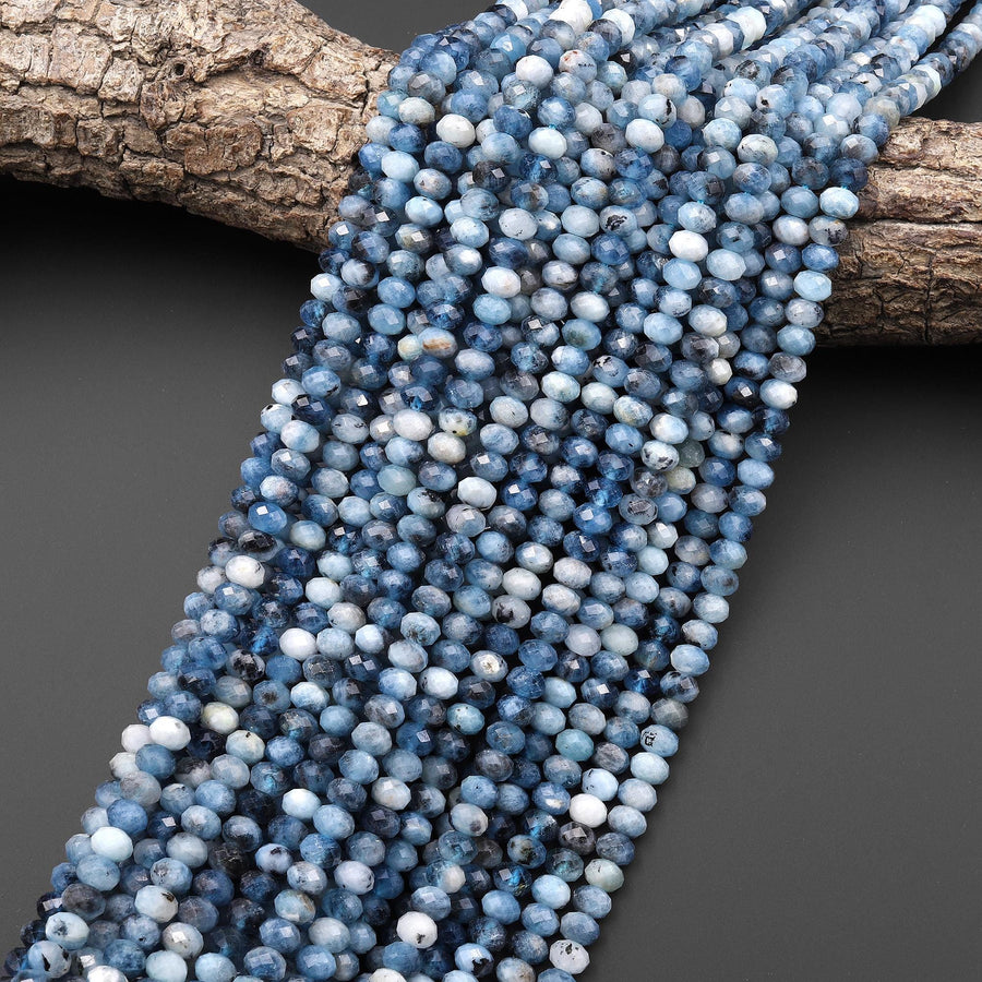 Faceted Natural Stormy Blue Santa Maria Aquamarine 6mm Rondelle Beads Gemstone 15.5" Strand