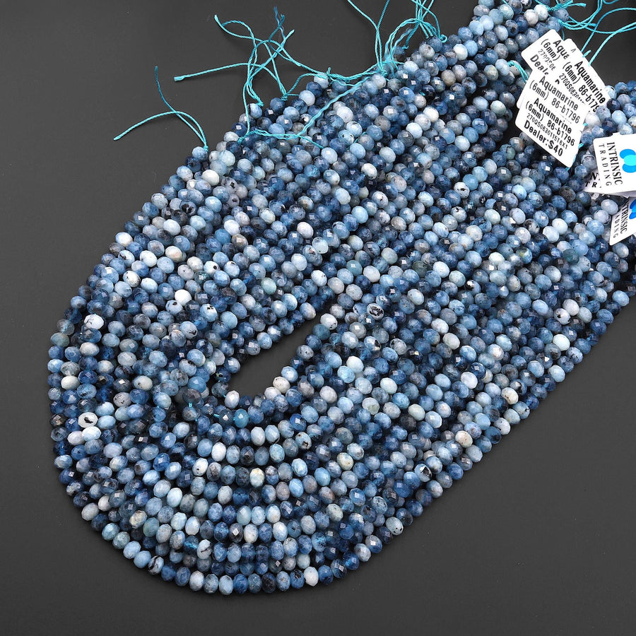 Faceted Natural Stormy Blue Santa Maria Aquamarine 6mm Rondelle Beads Gemstone 15.5" Strand