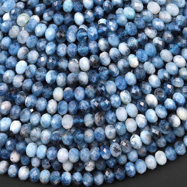 Faceted Natural Stormy Blue Santa Maria Aquamarine 6mm Rondelle Beads Gemstone 15.5" Strand