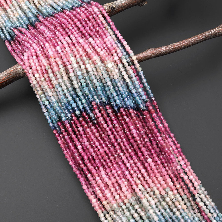 AAA Natural Pink Blue Yellow Tourmaline Faceted 3mm Round Ombre Graduating Colors Gemstone Beads 15.5" Strand