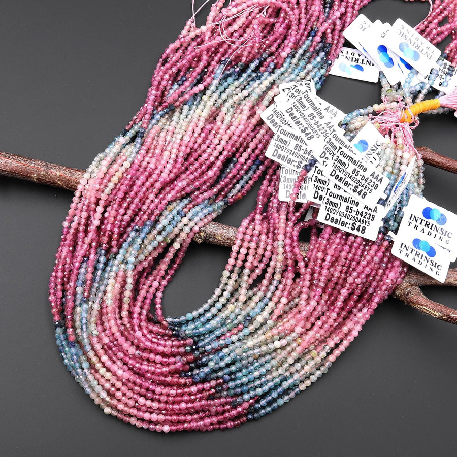 AAA Natural Pink Blue Yellow Tourmaline Faceted 3mm Round Ombre Graduating Colors Gemstone Beads 15.5" Strand