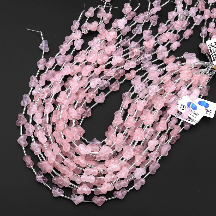 Natural Pink Rose Quartz Beads Gemstone Puffy Heart Veristically Drilled 15.5" Strand