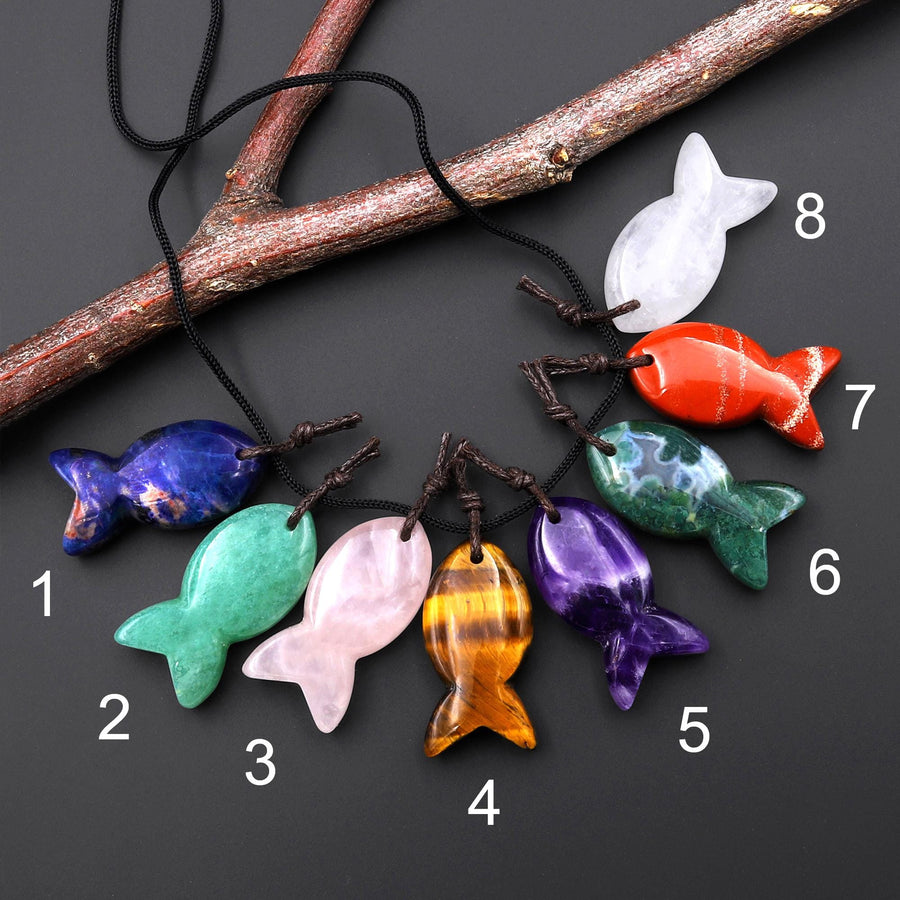AAA Hand Carved Natural Gemstone Fish Pendant Blue Sodalite Green Aventurine Rock Rose Quartz Amethyst Tiger's Eye Moss Agate Red Jasper