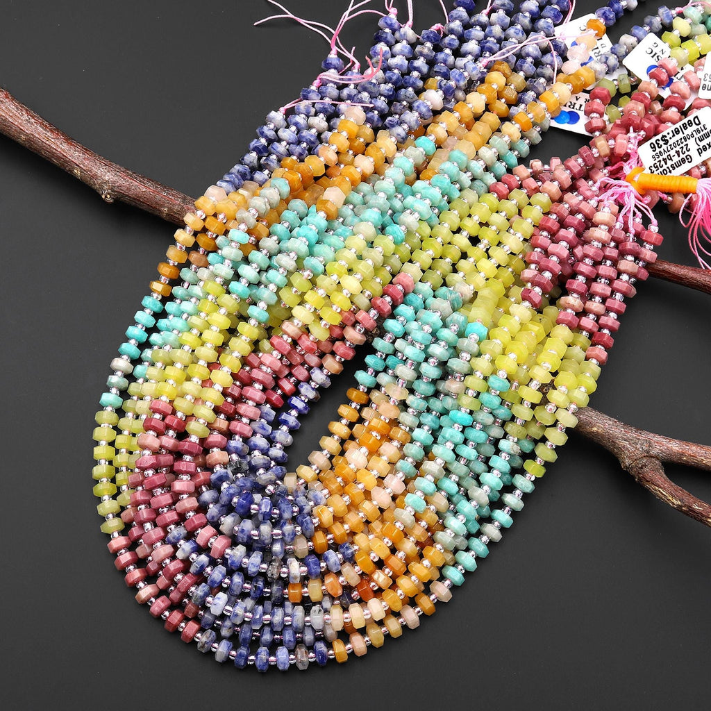 Faceted Natural Petrified Rhodonite Lemon Jade Amazonite Yellow Aventurine Blue Sodalite Beads 6mm hexagon Heishi Rondelle 15.5" Strand