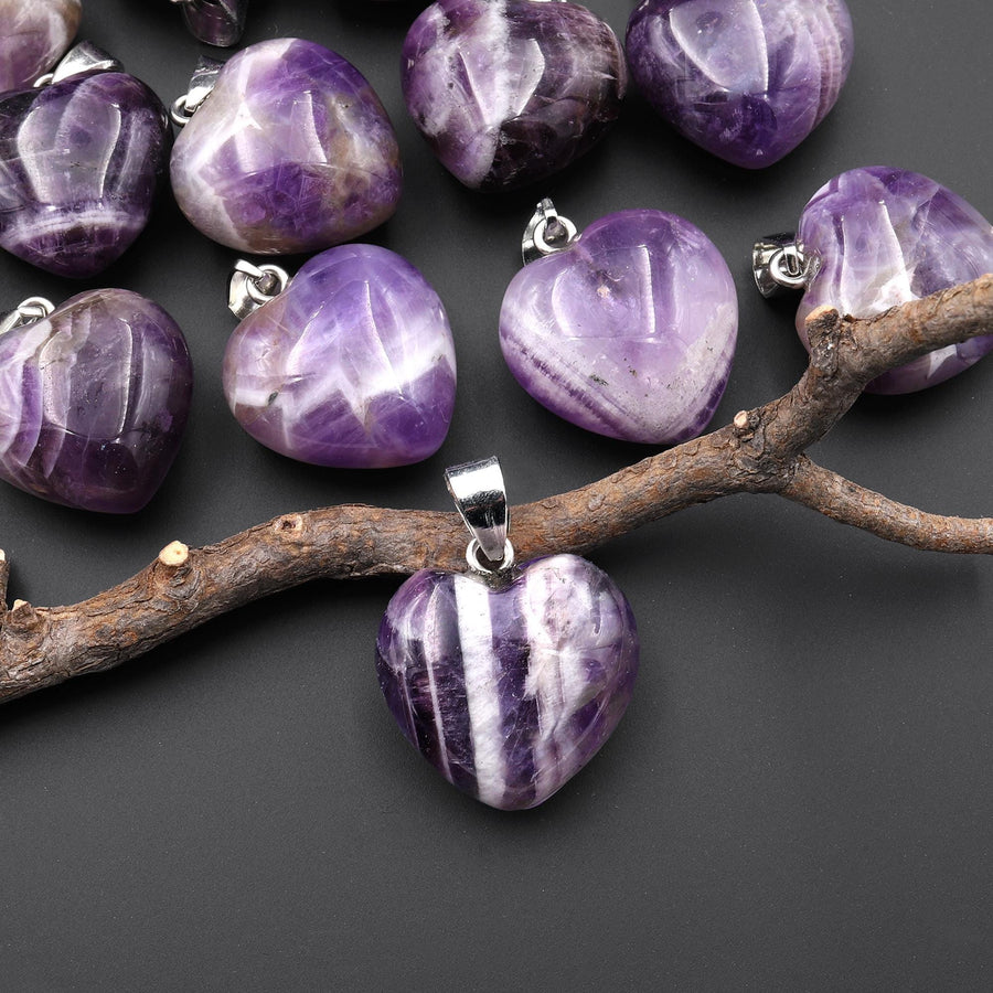Natural Purple Chevron Amethyst Gemstone Puffy Heart Pendant