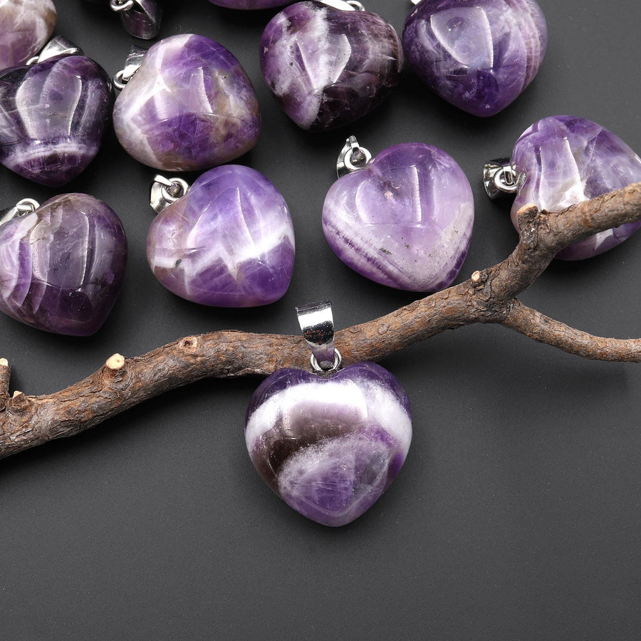 Natural Purple Chevron Amethyst Gemstone Puffy Heart Pendant