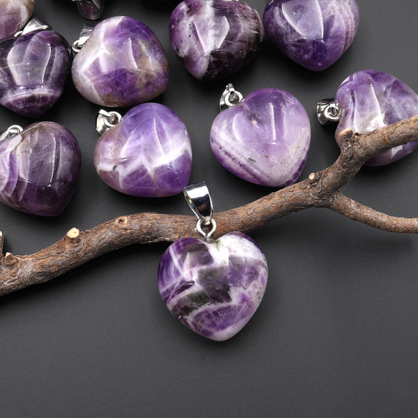 Natural Purple Chevron Amethyst Gemstone Puffy Heart Pendant