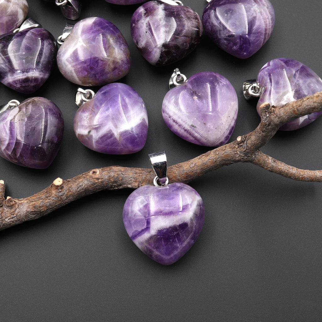 Natural Purple Chevron Amethyst Gemstone Puffy Heart Pendant A3