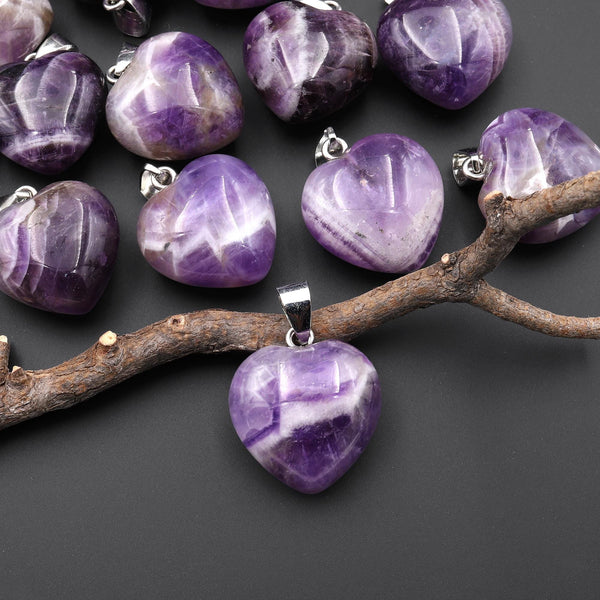 Natural Purple Chevron Amethyst Gemstone Puffy Heart Pendant A3