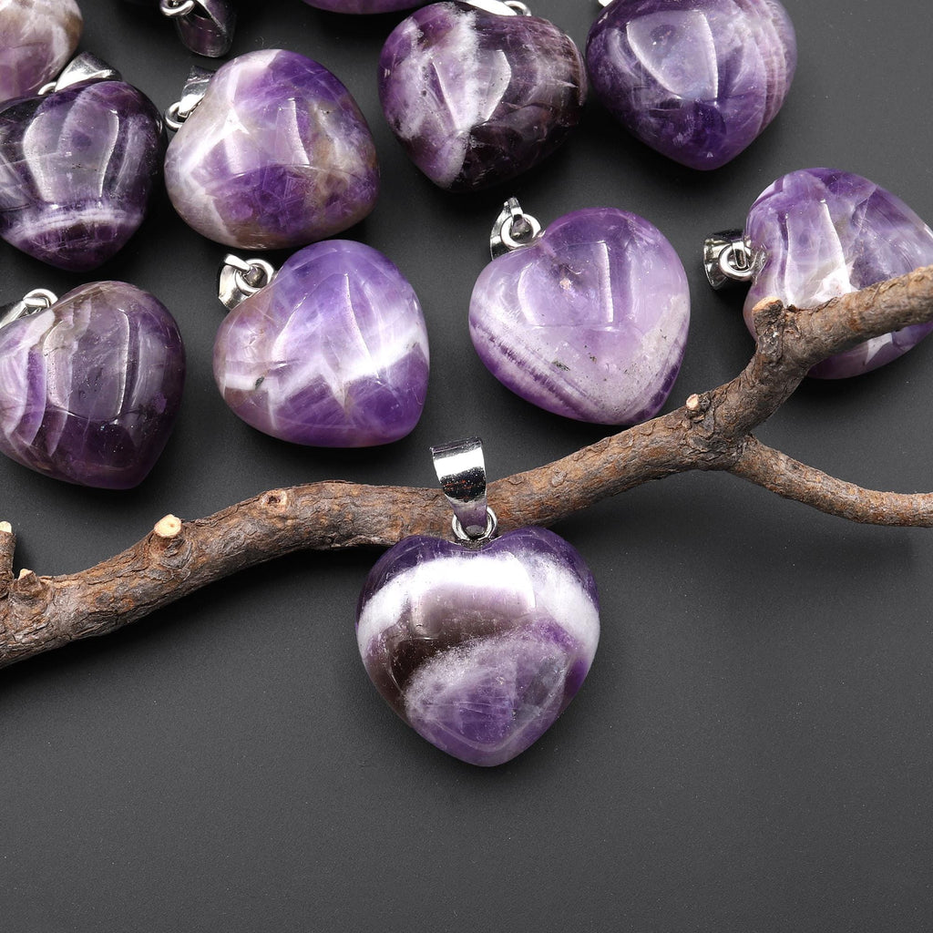 Natural Purple Chevron Amethyst Gemstone Puffy Heart Pendant A5