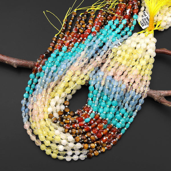 Ocean and Earth ~ Mixed Gemstones Faceted 6mm Coin Beads Natural Tiger's Eye Multicolor Jade Chalcedony Fire Agate 15.5" Strand