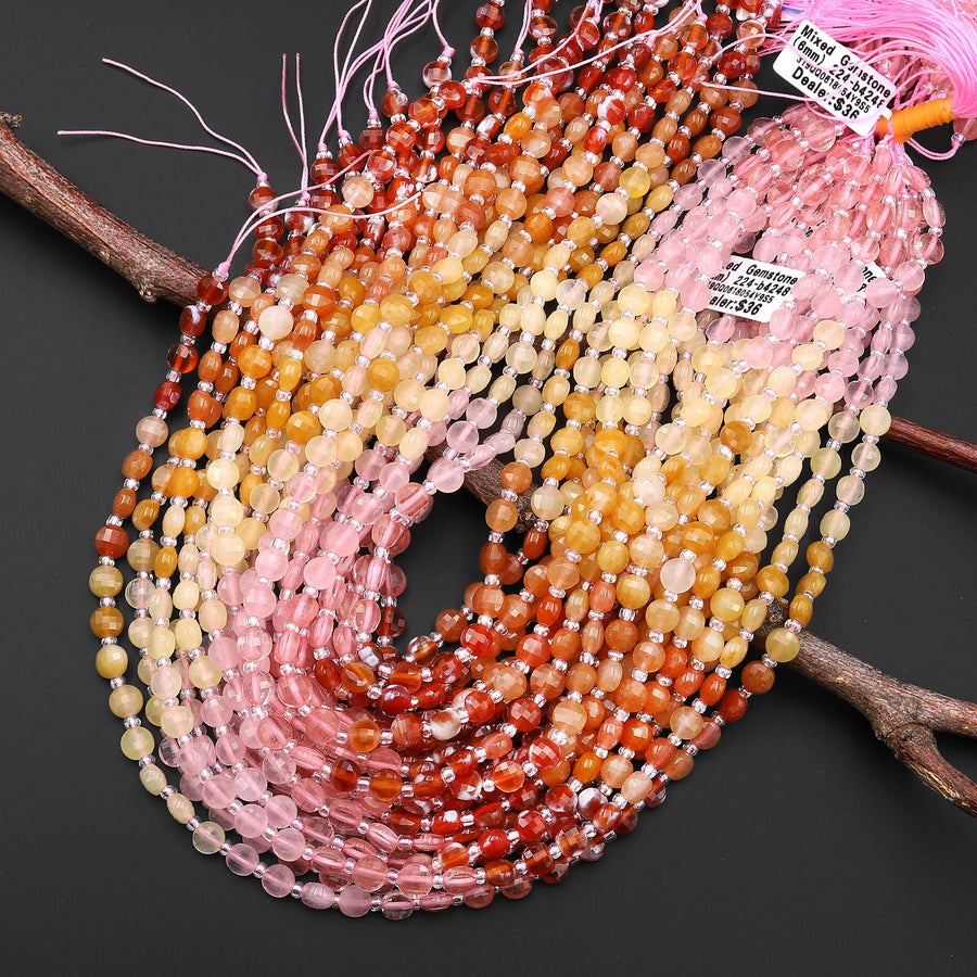 Warm & Pastel Blend ~ Mixed Gemstones Faceted 6mm Coin Beads Cherry Quartz Rose Quartz Yellow Jade Orange Aventurine Fire Agate 15.5" Strand