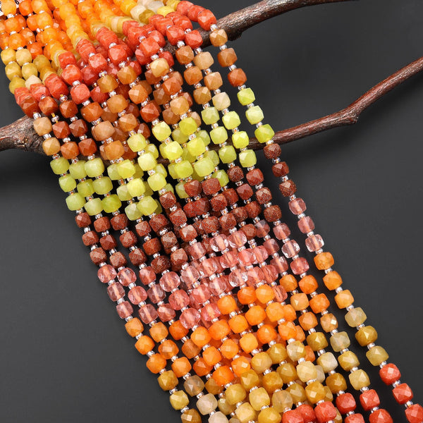 Warm Sunset Tones ~ Mixed Gemstones Faceted 6mm Cube Beads Cherry Quartz Multicolor Jade Goldstone 15.5" Strand