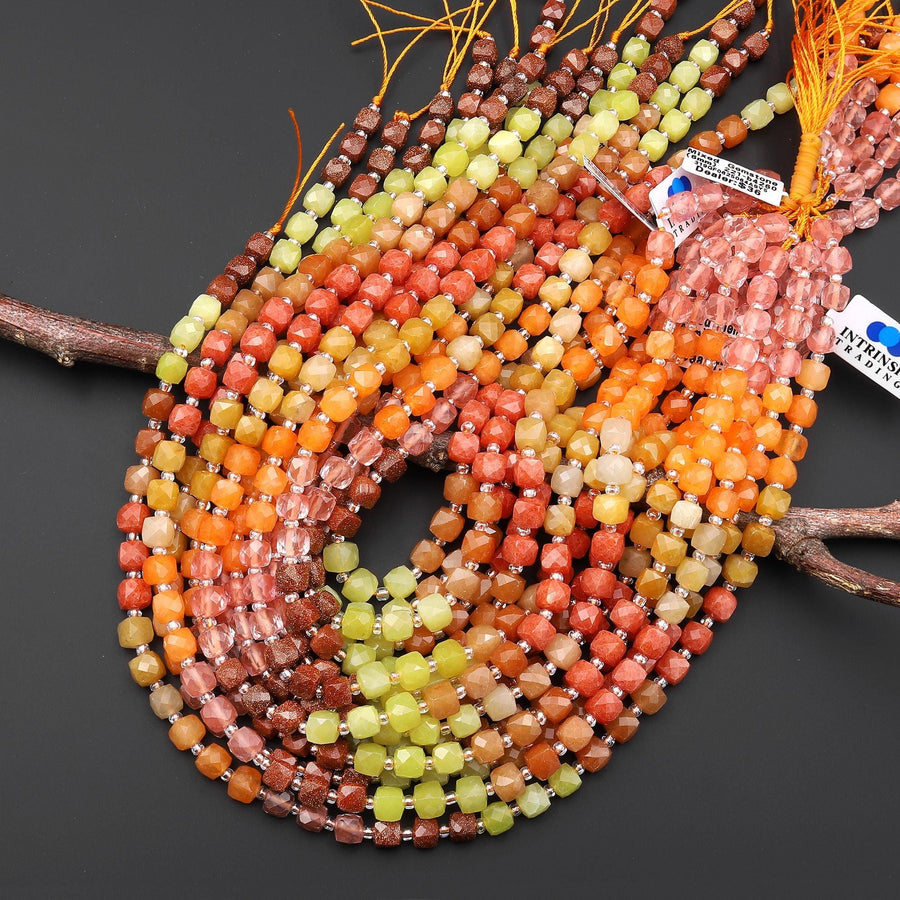 Warm Sunset Tones ~ Mixed Gemstones Faceted 6mm Cube Beads Cherry Quartz Multicolor Jade Goldstone 15.5" Strand
