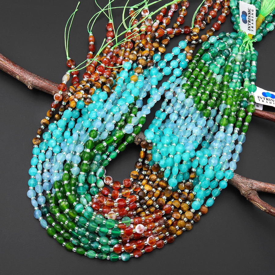 Ocean & Earth Harmony Mixed Gemstones Faceted 6mm Coin Beads Multicolor Jade Agate AmazoniteTiger's Eye Fire Agate 15.5" Strand