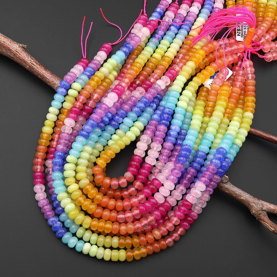 Candy Rainbow Collection ~ Mixed Gemstones Smooth 8mm Rondelle Beads Multicolor Jade Bubblegum Pink Blue Lavender Green Orange 15.5" Strand