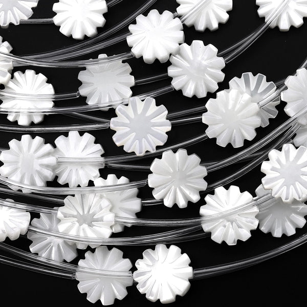 AAA Natural White Mother of Pearl Hand Carved Chrysanthemum Flower Gemstone Beads 15mm Strand