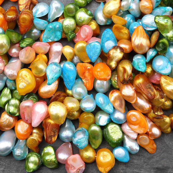 Genuine Freshwater Blister Pearl Freeform Shimmery Iridescent Golden Orange Blue Green Pink Beads 15.5" Strand