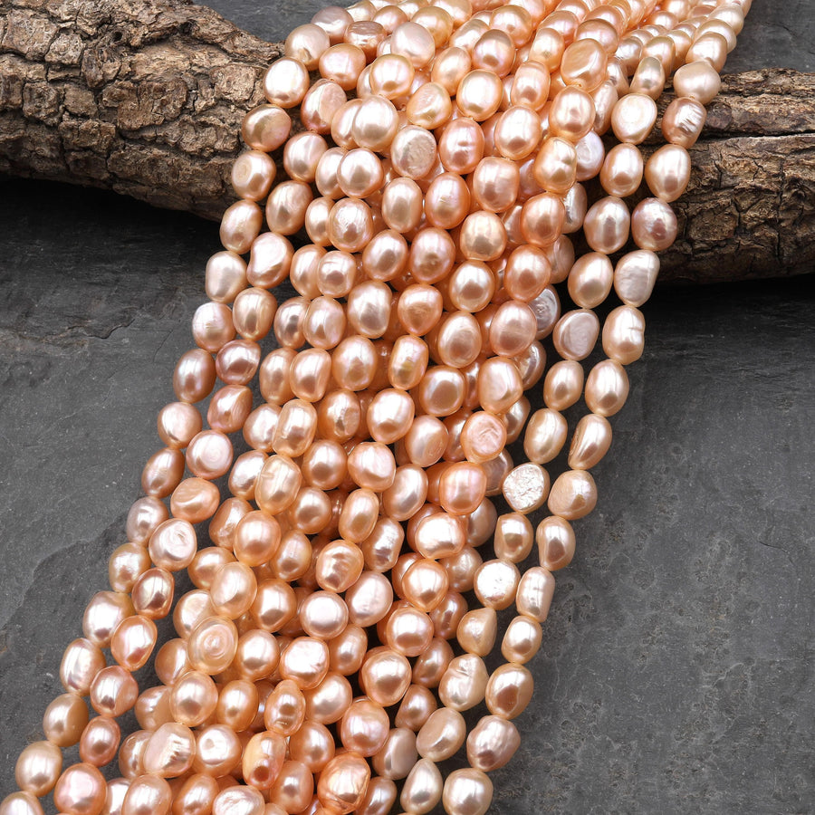 AAA Genuine Natural Peach Freshwater Pearl 8mm Vertically Drilled Nugget Beads 14" Strand