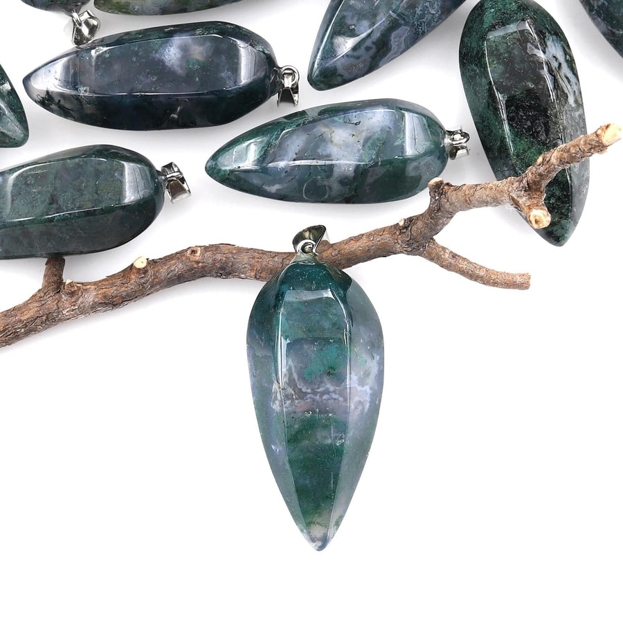 Natural Green Moss Agate Pendant Teardrop Crystal Pendulum Bead