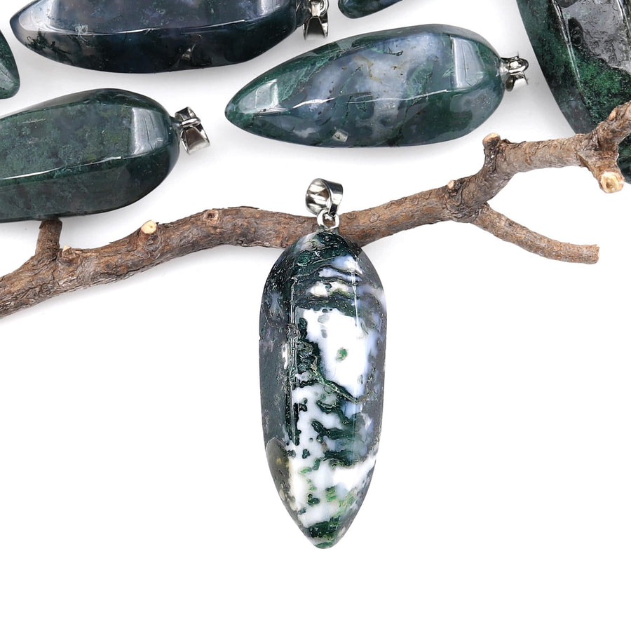 Natural Green Moss Agate Pendant Teardrop Crystal Pendulum Bead