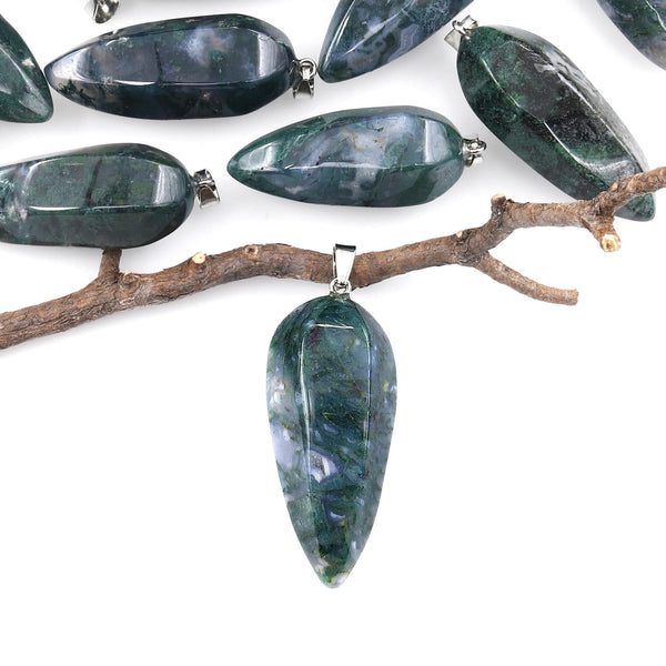 Natural Green Moss Agate Pendant Teardrop Crystal Pendulum Bead