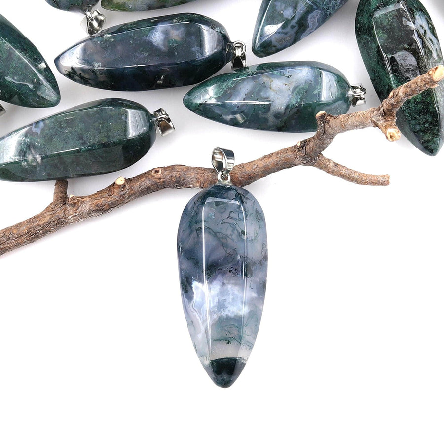 Natural Green Moss Agate Pendant Teardrop Crystal Pendulum Bead A4